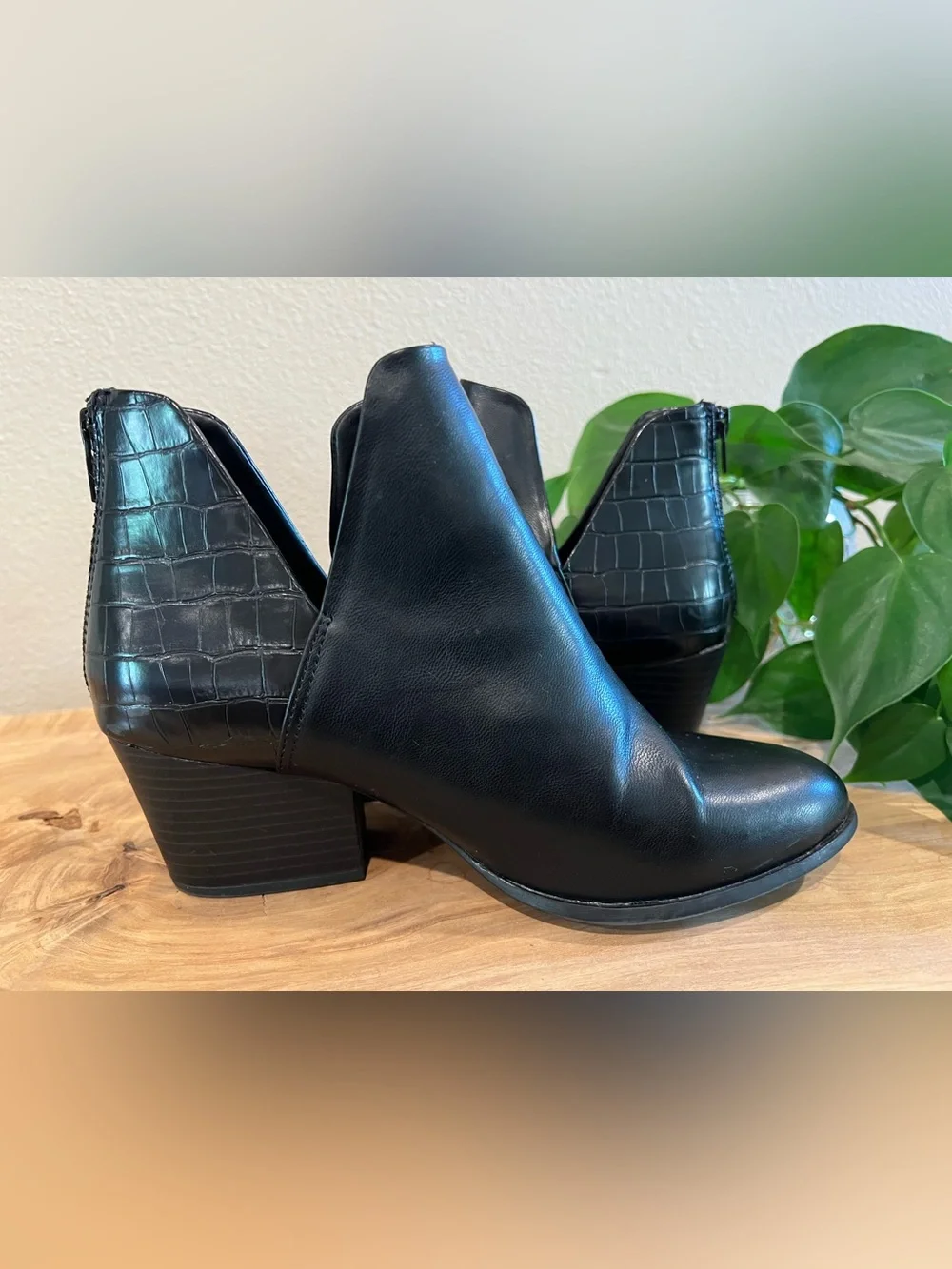Women's Black Ankle Booties with Croc-Embossed Heel